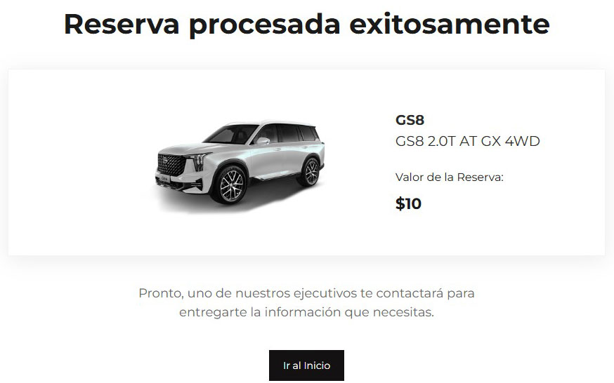 Recibirás un correo con la confirmación de la reserva y te contactará un ejecutivo.